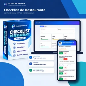 Checklist de Restaurante — Versão App: embalagem, notebook e celular com progresso por área, checklists editáveis, PDF e WhatsApp.